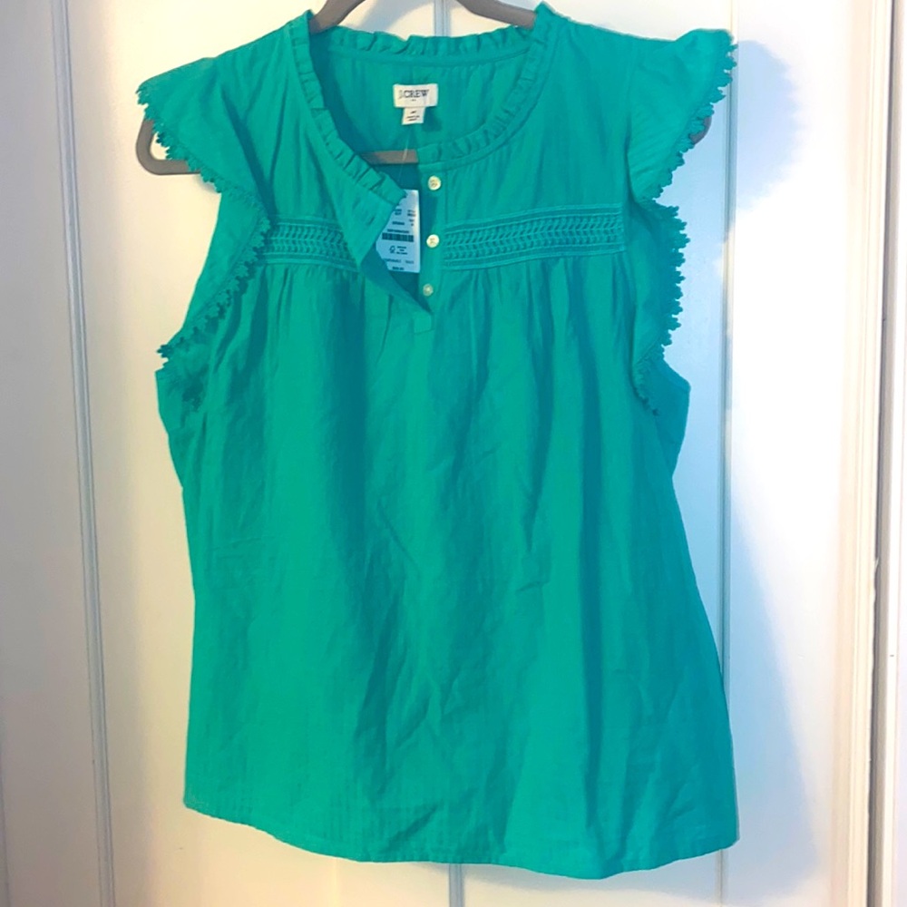 NWT Jcrew cotton lightweight green popover ruffle blouse w/ embroidery, medium!